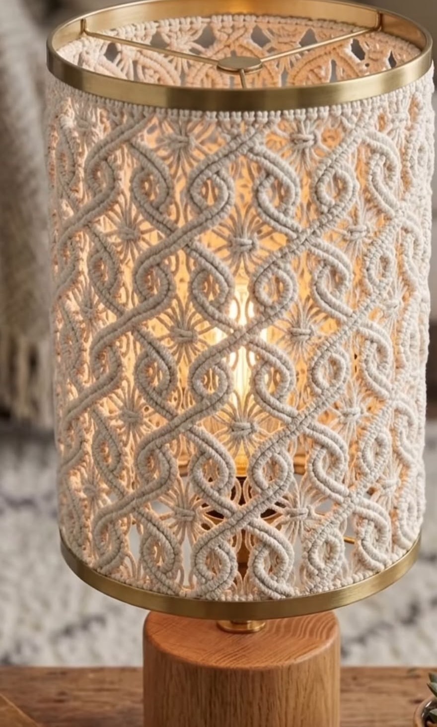 Luminária de mesa com cúpula de macramê, aros dourados e base de madeira